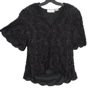 Vintage Laurence Kazar Top Beaded Lace Glam Old Money Romantic Goth Black Small